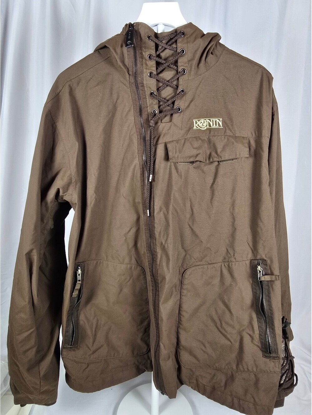 Burton Ronin Brown Lace-Up Hooded Jacket with Zipper Pockets, Size Large